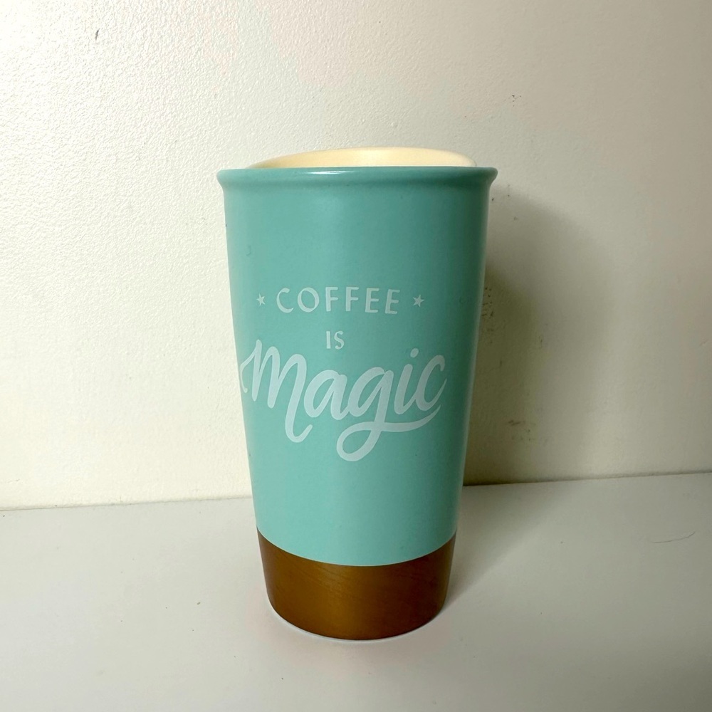 Starbucks 2018 Ceramic Travel Mug 12oz Coffee Is Magic Teal and Gold w/ Lid